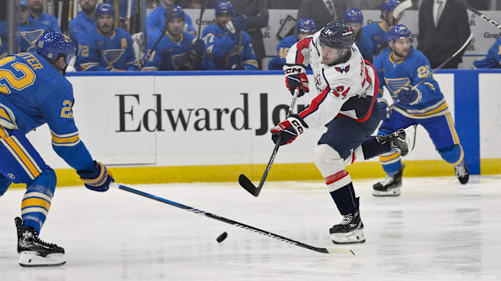 Nov 9, 2024; St. Louis, Missouri, USA;  Washington Capitals center Connor McMichael (24) shoots and scores against the St. Louis Blues during the first period at Enterprise Center. Mandatory Credit: Jeff Curry-Imagn Images