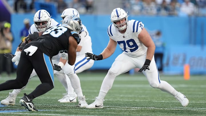 Nov 5, 2023; Charlotte, North Carolina, USA; Indianapolis Colts offensive tackle Bernhard Raimann (79) during the first quarter against the Carolina Panthers at Bank of America Stadium. Mandatory Credit: Jim Dedmon-Imagn Images Nov 5, 2023; Charlotte, North Carolina, USA; Indianapolis Colts offensive tackle Bernhard Raimann (79) during the first quarter against the Carolina Panthers at Bank of America Stadium. Mandatory Credit: Jim Dedmon-Imagn Images