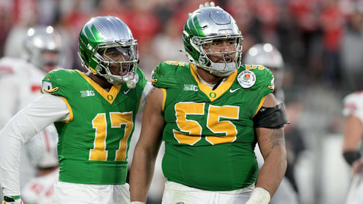 Jan 1, 2025; Pasadena, CA, USA; Oregon Ducks defensive lineman Derrick Harmon (55) reacts in the second half against the Ohio State Buckeyes in the 2025 Rose Bowl college football quarterfinal game at Rose Bowl Stadium. Mandatory Credit: Kirby Lee-Imagn Images