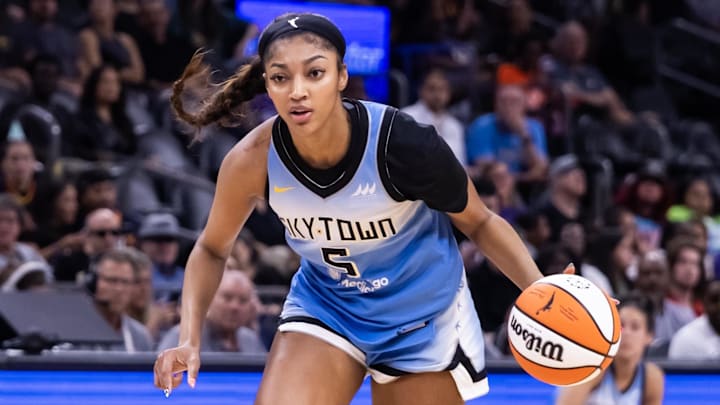 Aug 28, 2025; Phoenix, Arizona, USA; Chicago Sky forward Angel Reese (5) against the Phoenix Mercury at Phx Arena. Mandatory Credit: Mark J. Rebilas-Imagn Images