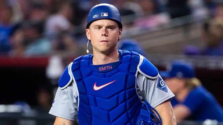 Jun 3, 2026; Phoenix, Arizona, USA; Los Angeles Dodgers catcher Will Smith against the Arizona Diamondbacks at Chase Field. Mandatory Credit: Mark J. Rebilas-Imagn Images
