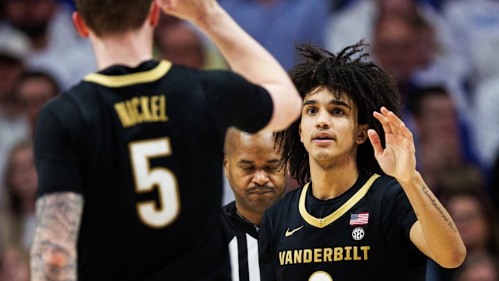 Feb 28, 2026; Lexington, Kentucky, USA; Vanderbilt Commodores guard Tyler Tanner (3) fives forward Tyler Nickel (5) during the second half against the Kentucky Wildcats at Rupp Arena at Central Bank Center. Mandatory Credit: Jordan Prather-Imagn Images
