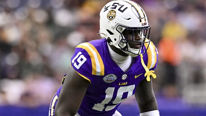 Dec 31, 2024; Houston, TX, USA; LSU Tigers defensive end Gabriel Reliford (19) lines up against the Baylor Bears during the first half at NRG Stadium. The Tigers defeat the Bears 44-31. Mandatory Credit: Maria Lysaker-Imagn Images 