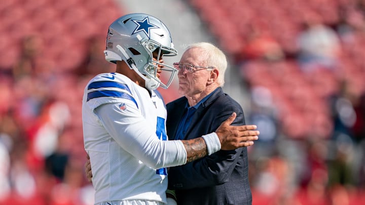 Dallas Cowboys quarterback Dak Prescott and owner Jerry Jones before the game against the San Francisco 49ers 
