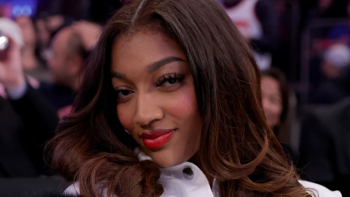 Chicago Sky forward Angel Reese sits court side during the fourth quarter between the New York Knicks and the Orlando Magic at Madison Square Garden.