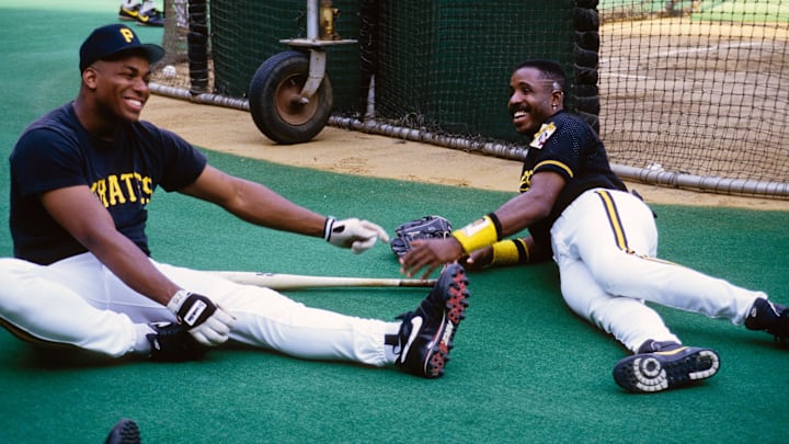 July 1991; Pittsburgh, PA, USA; FILE PHOTO; Pittsburgh Pirates out fielders Barry Bonds and Bobby Bonilla stretch on the field prior to a game during the 1991 season at Three Rivers Stadium. Mandatory Credit: Tony Tomsic-USA TODAY NETWORK