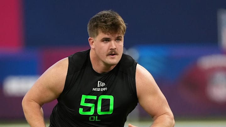 Mar 2, 2025; Indianapolis, IN, USA; North Dakota State offensive lineman Grey Zabel (OL50) during the 2025 NFL Scouting Combine at Lucas Oil Stadium. Mandatory Credit: Kirby Lee-Imagn Images