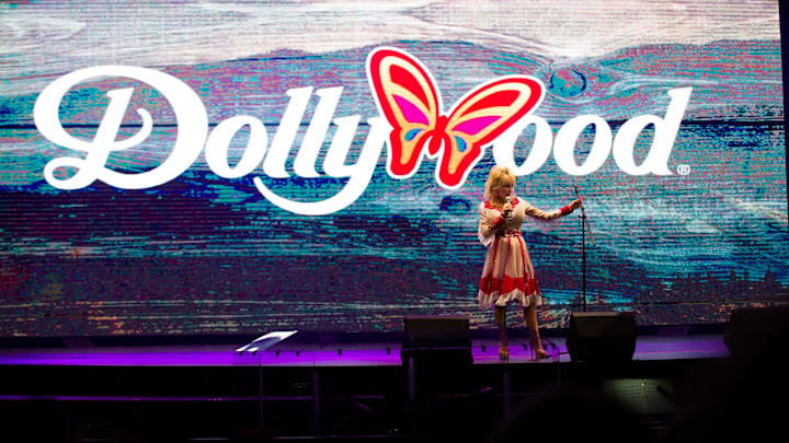 Dolly Parton speaks at the Celebrity Theatre at opening day for the 2024 season at Dollywood in Pigeon Forge, Tenn., Friday, March 8, 2024.