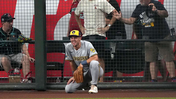 Sep 14, 2024; Phoenix, Arizona, USA; Milwaukee Brewers outfielder Sal Frelick (10) makes the catch for an out against the Arizona Diamondbacks in the first inning at Chase Field. Sep 14, 2024; Phoenix, Arizona, USA; Milwaukee Brewers outfielder Sal Frelick (10) makes the catch for an out against the Arizona Diamondbacks in the first inning at Chase Field.