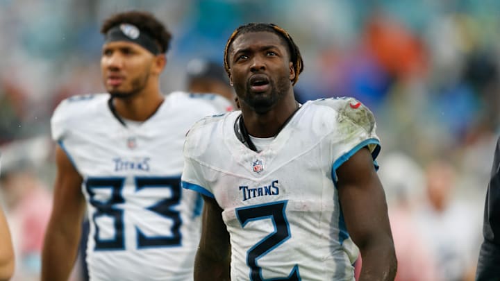 Dec 29, 2024; Jacksonville, Florida, USA; Tennessee Titans running back Tyjae Spears (2) heads to the locker room for half time against the Jacksonville Jaguars  at EverBank Stadium. Mandatory Credit: Morgan Tencza-Imagn Images