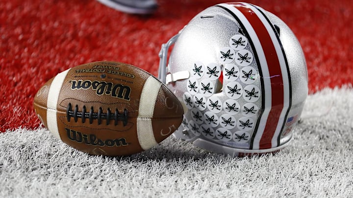 Nov 7, 2015; Columbus, OH, USA; Ohio State Buckeyes helmet prior to the game versus the Minnesota Golden Gophers at Ohio Stadium. Mandatory Credit: Joe Maiorana-Imagn Images