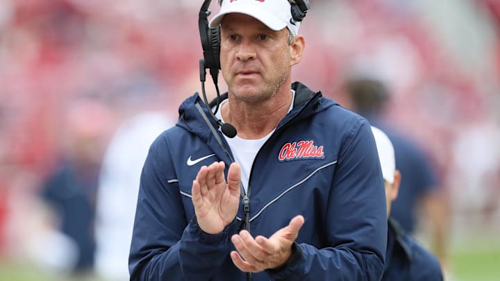 Ole Miss Rebels head coach Lane Kiffin in the fourth quarter against the Arkansas Razorbacks at Donald W. Reynolds Razorback Stadium. Mississippi won 63-31.