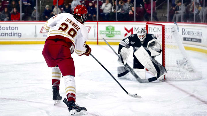 Dean Letourneau takes a shot in front of the goal at Conte Forum on Jan. 16, 2026.
