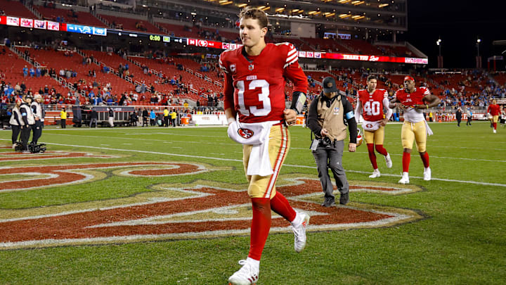 Dec 30, 2024; Santa Clara, California, USA; San Francisco 49ers quarterback Brock Purdy (13) during the game against the Detroit Lions at Levi's Stadium. Mandatory Credit: Sergio Estrada-Imagn Images