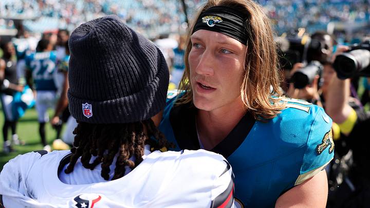 Jacksonville Jaguars quarterback Trevor Lawrence (16) greets Houston Texans quarterback CJ. Stroud (7) mid-field after the game of an NFL football matchup at EverBank Stadium, Sunday, Sept. 21, 2025, in Jacksonville, Fla. 