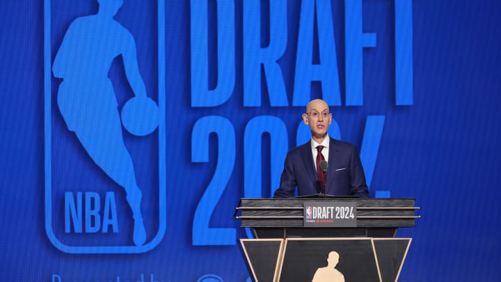 Jun 26, 2024; Brooklyn, NY, USA; NBA commissioner Adam Silver speaks before the first round of the 2024 NBA Draft at Barclays Center. Mandatory Credit: Brad Penner-USA TODAY Sports