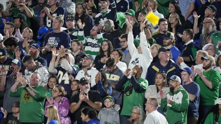 Sep 30, 2023; Durham, North Carolina, USA; Notre Dame Fighting Irish fans react to a running back Audric Estime (7) score to win the game during the second half against the Duke Blue Devils at Wallace Wade Stadium. Mandatory Credit: Jim Dedmon-USA TODAY Sports Sep 30, 2023; Durham, North Carolina, USA; Notre Dame Fighting Irish fans react to a running back Audric Estime (7) score to win the game during the second half against the Duke Blue Devils at Wallace Wade Stadium. Mandatory Credit: Jim Dedmon-USA TODAY Sports