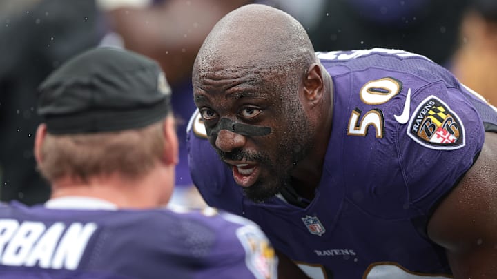 Sep 11, 2022; East Rutherford, New Jersey, USA; Baltimore Ravens linebacker Justin Houston (50).