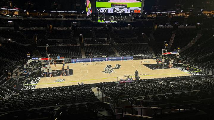 Oct 20, 2026; San Antonio, Texas, USA; An overhead look at the San Antonio Spurs' home court at Frost Bank Center prior to their regular season opener against the Oklahoma City Thunder.