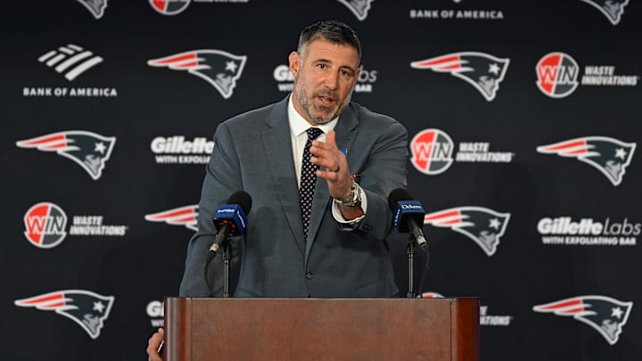 Jan 13, 2025; Foxborough, MA, USA; Mike Vrabel addresses media at a press conference to announce his hiring as the new head coach of the New England Patriots at Gillette Stadium. Jan 13, 2025; Foxborough, MA, USA; Mike Vrabel addresses media at a press conference to announce his hiring as the new head coach of the New England Patriots at Gillette Stadium.