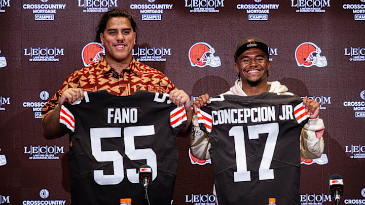 Cleveland Browns first round draft picks Spencer Fano, left, and KC Concepcion