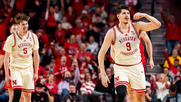 Dec 10, 2025; Lincoln, Nebraska, USA; Nebraska Cornhuskers forward Berke Buyuktuncel (9) reacts after a basket against the Wisconsin Badgers during the second half at Pinnacle Bank Arena. Mandatory Credit: Dylan Widger-Imagn Images