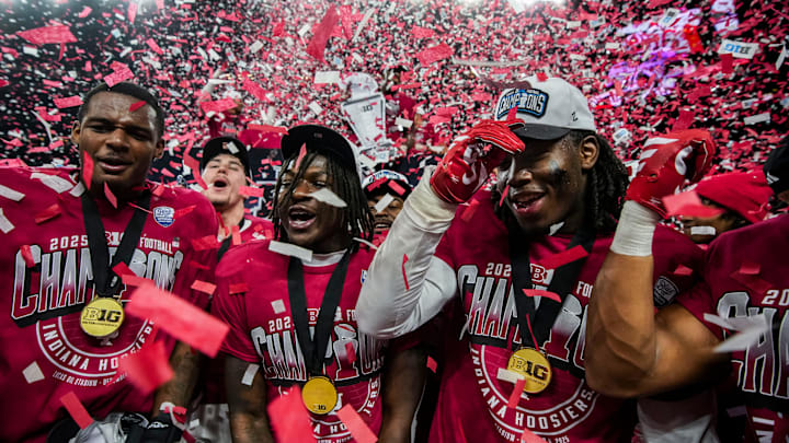 Indiana celebrates Dec. 6, 2025, after winning the Big Ten title against Ohio State at Lucas Oil Stadium in Indianapolis. Indiana celebrates Dec. 6, 2025, after winning the Big Ten title against Ohio State at Lucas Oil Stadium in Indianapolis.