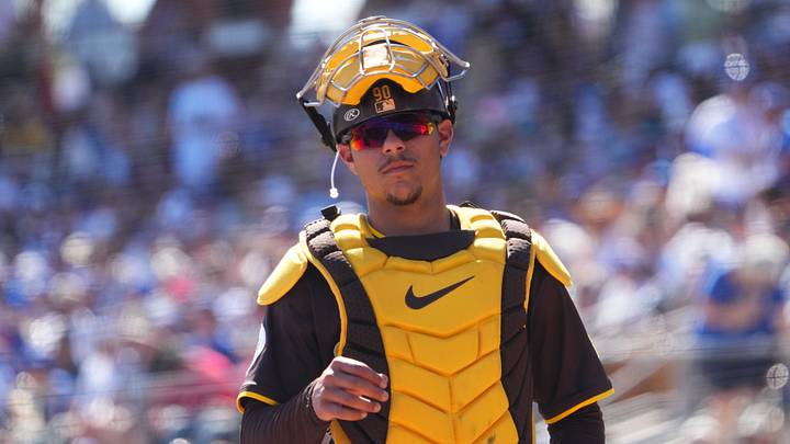 Feb 23, 2025; Phoenix, Arizona, USA; San Diego Padres catcher Ethan Salas (90) looks on against the Los Angeles Dodgers during the second inning at Camelback Ranch-Glendale. Mandatory Credit: Joe Camporeale-Imagn Images Feb 23, 2025; Phoenix, Arizona, USA; San Diego Padres catcher Ethan Salas (90) looks on against the Los Angeles Dodgers during the second inning at Camelback Ranch-Glendale. Mandatory Credit: Joe Camporeale-Imagn Images