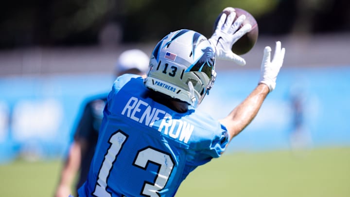 Carolina Panthers wide receiver Hunter Renfrow makes a catch during training camp.