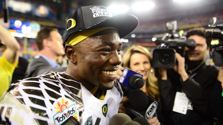 Jan. 3, 2013; Glendale, AZ, USA: Oregon Ducks running back Kenjon Barner following the game against the Kansas State Wildcats during the 2013 Fiesta Bowl.