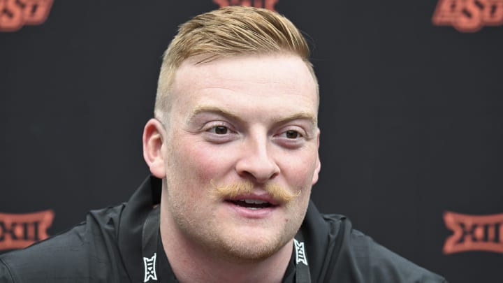 Jul 9, 2024; Las Vegas, NV, USA; Oklahoma State quarterback Alan Bowman speaks to the media during the Big 12 Media Days Jul 9, 2024; Las Vegas, NV, USA; Oklahoma State quarterback Alan Bowman speaks to the media during the Big 12 Media Days