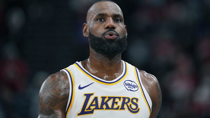 Dec 20, 2025; Inglewood, California, USA; Los Angeles Lakers forward Lebron James (23) reacts against the LA Clippers in the second half at Intuit Dome. Mandatory Credit: Kirby Lee-Imagn Images