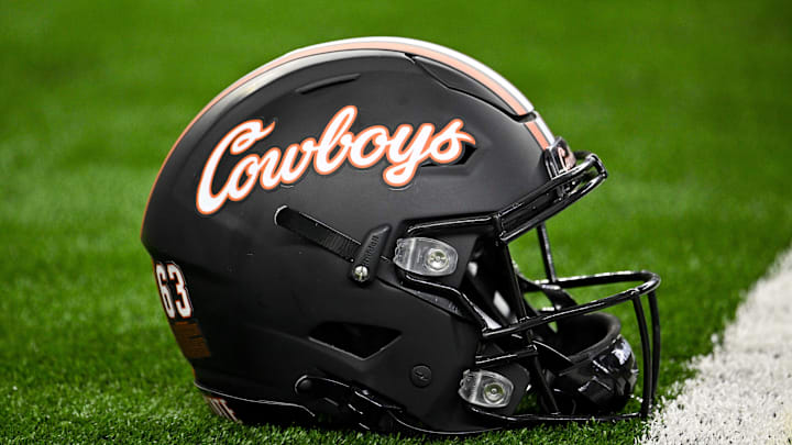 Dec 2, 2023; Arlington, TX, USA;  A view of a Oklahoma State Cowboys helmet before the game between the Texas Longhorns and the Oklahoma State Cowboys at AT&T Stadium. Mandatory Credit: Jerome Miron-Imagn Images