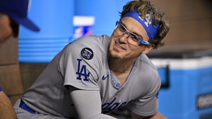 Dodgers first baseman Enrique Hernandez (8) during a game between the Texas Rangers and the Los Angeles Dodgers at Globe Life Field. 