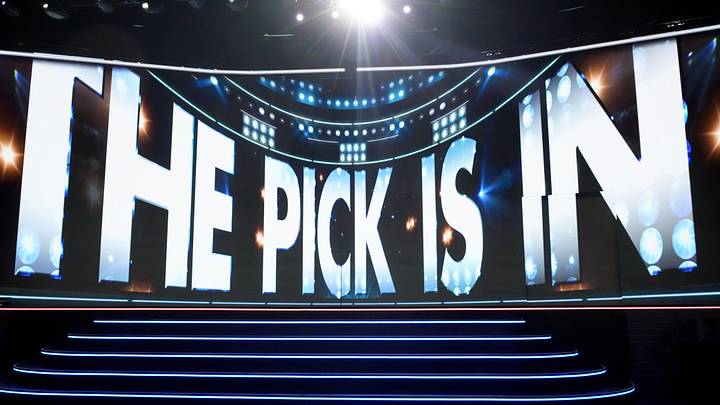 Jun 27, 2025; Los Angeles, California, USA; The video board shows the 20th overall pick for the Columbus Blue Jackets is about to be announced in the first round of the 2025 NHL Draft at Peacock Theater. Mandatory Credit: Kirby Lee-Imagn Images