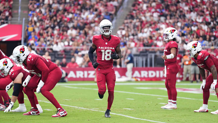 Sep 15, 2024; Glendale, Arizona, USA; Arizona Cardinals wide receiver Marvin Harrison Jr. (18) goes in motion against the Los Angeles Rams during the first half at State Farm Stadium. Mandatory Credit: Joe Camporeale-Imagn Images Sep 15, 2024; Glendale, Arizona, USA; Arizona Cardinals wide receiver Marvin Harrison Jr. (18) goes in motion against the Los Angeles Rams during the first half at State Farm Stadium. Mandatory Credit: Joe Camporeale-Imagn Images