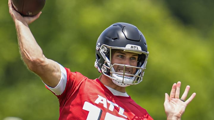 Jun 11, 2025; Atlanta, GA, USA; Atlanta Falcons quarterback Kirk Cousins (18) passes during Minicamp practice at Children's Healthcare of Atlanta Training Ground. Mandatory Credit: Dale Zanine-Imagn Images