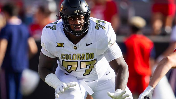 Oct 19, 2024; Tucson, Arizona, USA; Colorado Buffalos offensive tackle Jordan Seaton (77) against the Arizona Wildcats at Arizona Stadium. Mandatory Credit: Mark J. Rebilas-Imagn Images Oct 19, 2024; Tucson, Arizona, USA; Colorado Buffalos offensive tackle Jordan Seaton (77) against the Arizona Wildcats at Arizona Stadium. Mandatory Credit: Mark J. Rebilas-Imagn Images