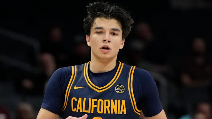 Mar 11, 2025; Charlotte, NC, USA; California Golden Bears guard Andrej Stojakovic (2) with the ball in the second half at Spectrum Center. Mandatory Credit: Bob Donnan-Imagn Images