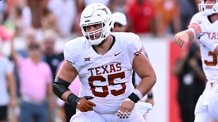 Oct 21, 2023; Houston, Texas, USA; Texas Longhorns offensive lineman Jake Majors (65) in action during the third quarter against the Houston Cougars at TDECU Stadium. Mandatory Credit: Maria Lysaker-Imagn Images