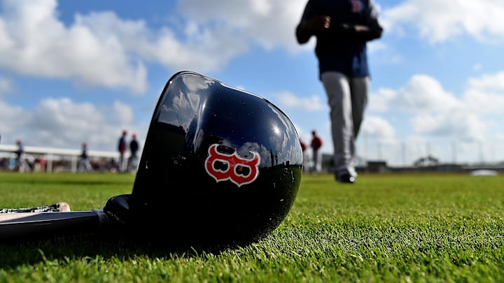 Feb 18, 2019; Lee County, FL, USA; A general view of a Boston Red Sox helmet as Boston Red Sox center fielder Jackie Bradley Jr. (19) walks on the field during a spring training workout at Jet Blue Park at Fenway South. Mandatory Credit: Jasen Vinlove-Imagn Images Feb 18, 2019; Lee County, FL, USA; A general view of a Boston Red Sox helmet as Boston Red Sox center fielder Jackie Bradley Jr. (19) walks on the field during a spring training workout at Jet Blue Park at Fenway South. Mandatory Credit: Jasen Vinlove-Imagn Images