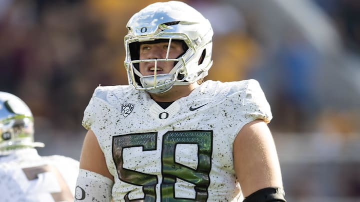 Nov 18, 2023; Tempe, Arizona, USA; Oregon Ducks offensive lineman Jackson Powers-Johnson (58)