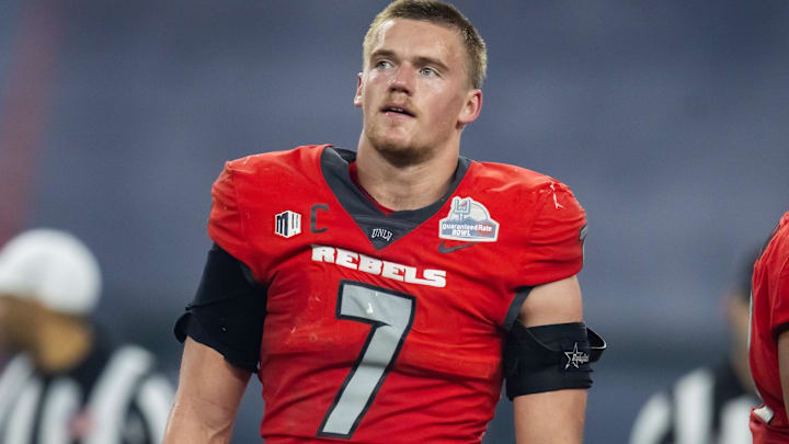 UNLV Rebels linebacker Jackson Woodard (7) against the Kansas Jayhawks in the Guaranteed Rate Bowl at Chase Field. Mandatory Credit: Mark J. Rebilas-USA TODAY Sports UNLV Rebels linebacker Jackson Woodard (7) against the Kansas Jayhawks in the Guaranteed Rate Bowl at Chase Field. Mandatory Credit: Mark J. Rebilas-USA TODAY Sports