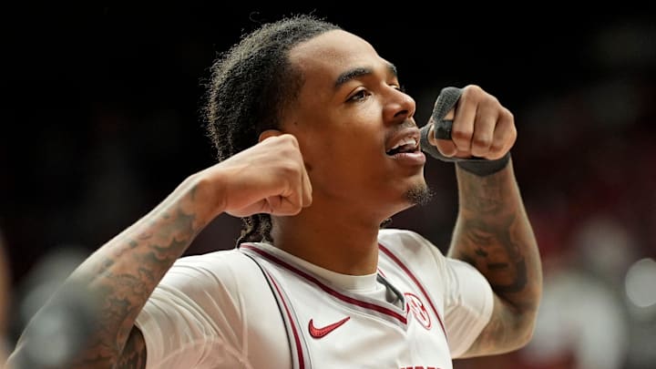 Mar 7, 2026; Tuscaloosa, AL, USA; Alabama guard Labaron Philon Jr. (0) flexes during a time out of the game with Auburn at Coleman Coliseum. Alabama defeated Auburn 96-84. Mandatory Credit: Gary Cosby Jr.-Tuscaloosa News