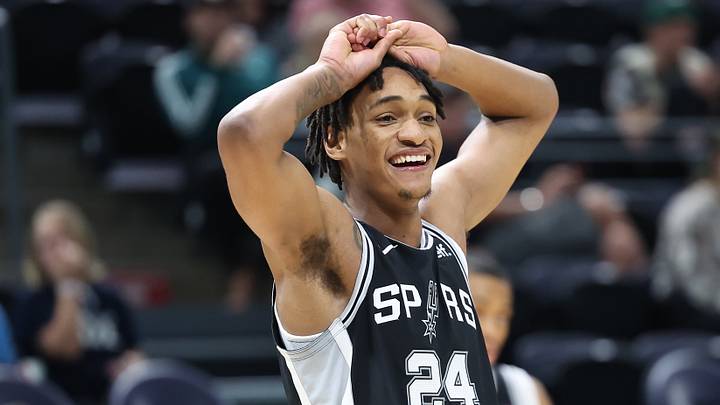 Oct 11, 2022; Salt Lake City, Utah, USA; San Antonio Spurs guard Devin Vassell (24) reacts to a play against the Utah Jazz in the third quarter at Vivint Arena. Mandatory Credit: Rob Gray-USA TODAY Sports