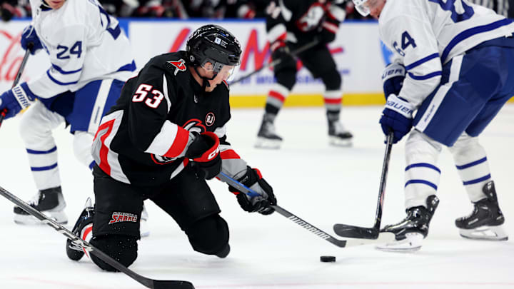 Mar 30, 2024; Buffalo, New York, USA;  Buffalo Sabres left wing Jeff Skinner (53) plays the puck