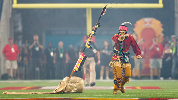 Dec 29, 2022; Orlando, Florida, USA; Florida State Seminoles Florida State Seminoles Chief Osceola plants a staff at midfield before the 2022 Cheez-It Bowl against the Oklahoma Sooners at Camping World Stadium. Mandatory Credit: Nathan Ray Seebeck-Imagn Images