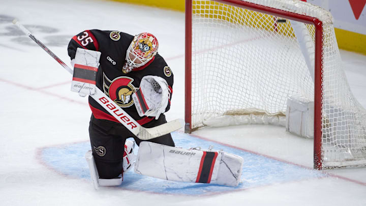 Oct 5, 2024; Ottawa, Ontario, CAN; Ottawa Senators goalie Linus Ullmark (35) is unable to stop the puck in the third period against the Montreal Canadiens at the Canadian Tire Centre. Mandatory Credit: Marc DesRosiers-Imagn Images Oct 5, 2024; Ottawa, Ontario, CAN; Ottawa Senators goalie Linus Ullmark (35) is unable to stop the puck in the third period against the Montreal Canadiens at the Canadian Tire Centre. Mandatory Credit: Marc DesRosiers-Imagn Images