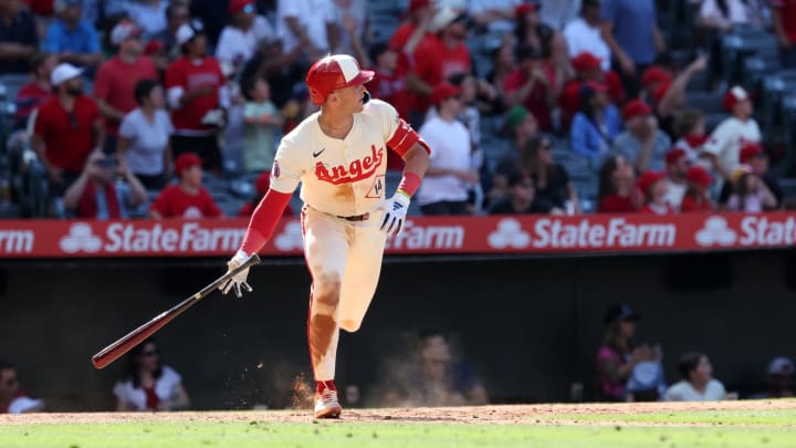 Jun 9, 2024; Anaheim, California, USA; Los Angeles Angels catcher Logan O'Hoppe (14) hits a game winning 2-run home run in bottom of the ninth inning against the Houston Astros at Angel Stadium. Mandatory Credit: Kiyoshi Mio-USA TODAY Sports Jun 9, 2024; Anaheim, California, USA; Los Angeles Angels catcher Logan O'Hoppe (14) hits a game winning 2-run home run in bottom of the ninth inning against the Houston Astros at Angel Stadium. Mandatory Credit: Kiyoshi Mio-USA TODAY Sports