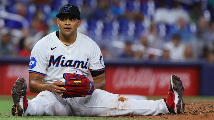 Jun 19, 2024; Miami, Florida, USA; Miami Marlins starting pitcher Yonny Chirinos (26) looks on against the St. Louis Cardinals during the fourth inning at loanDepot Park.